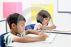 Schoolchildren writing on books