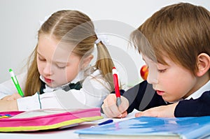 Schoolchildren writing in workbook photo