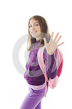 Schoolgirl with backpack, gesturing and greeting