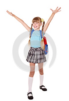 Schoolgirl with backpack hand up.