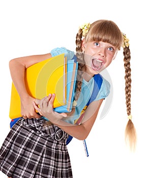 Schoolgirl with backpack holding books.