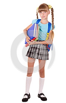 Schoolgirl with backpack holding books.