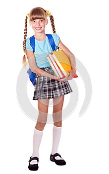 Schoolgirl with backpack holding books.