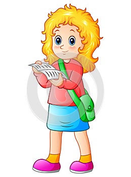 Schoolgirl cartoon reading a textbook