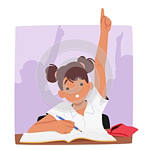 Schoolgirl Character Stretches Her Hand In Class, Eagerly Raising It To Answer A Question Or Seek The Teacher Attention