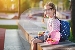 Schoolgirl child eating lunch apples at school