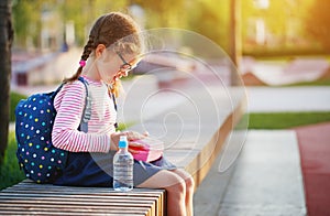 Schoolgirl child eating lunch apples at school