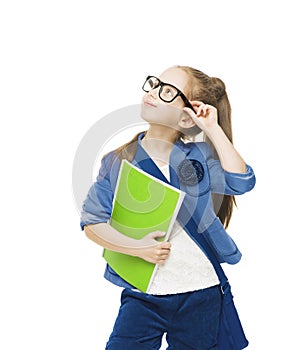 Schoolgirl child in glasses with books looking up.