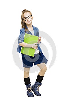 Schoolgirl child in glasses holding book. Student