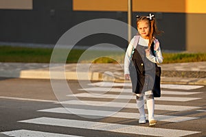 schoolgirl crosses the road at a pedestrian crossing