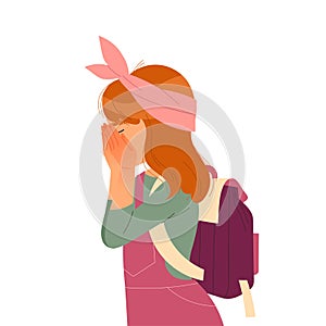 Schoolgirl Crying from Sorrow Suffering from Bullying at School Vector Illustration