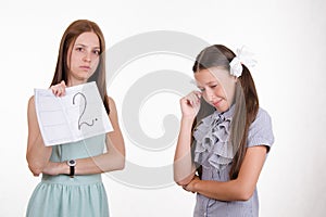 Schoolgirl crying because of two received