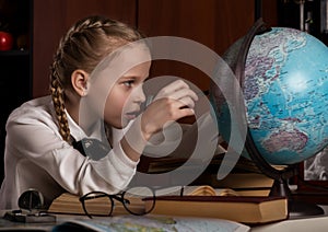 Schoolgirl doing homework, little blonde girl studing at home at the table. children`s education
