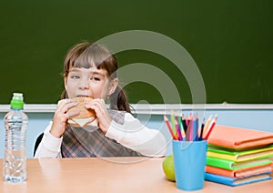 Schoolgirl eating fast food while having lunch