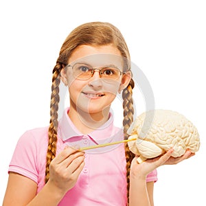 Schoolgirl in glasses holding cerebrum model photo