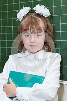 Schoolgirl holding a book and standing near blackboard