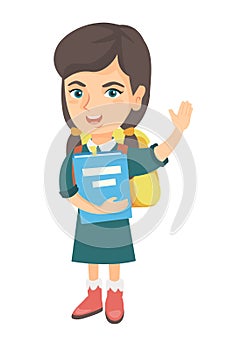 Schoolgirl holding a book and waving her hand.