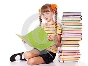 Schoolgirl holding pile of books.