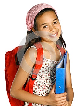 Schoolgirl of mix ethnicity holding a blue folder