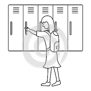 A schoolgirl opens a locker for personal items, a girl with a satchel went to school lockers