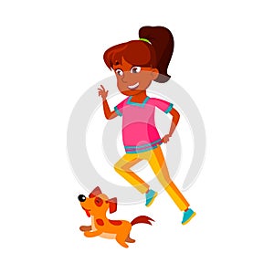Schoolgirl Running With Dog Animal Outdoor Vector