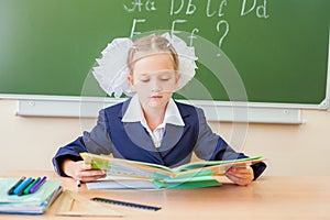 Schoolgirl sitting at desk, school classroom, and reading book