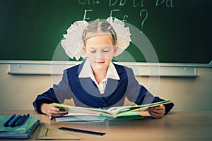 Schoolgirl sitting at desk, school classroom, and reading book
