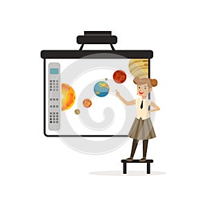 Schoolgirl standing in front of an interactive whiteboard, astronomy lesson at school vector Illustration on a white