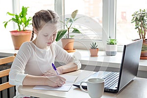 Schoolgirl studying at home using laptop. Home school  online education  home education  quarantine concept