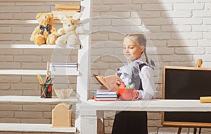 Schoolgirl studying homework math during lesson at classroom, education concept, Cute schooler. Portrait of lovely