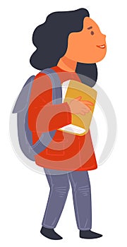 Schoolgirl wearing satchel and holding small book vector