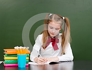 Schoolgirl wrote in a notebook in the classroom