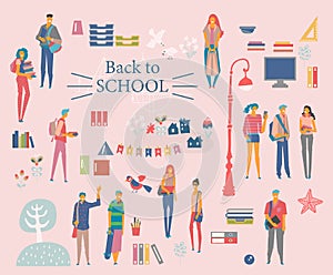 Schoolgirls, schoolboys with books, backpacks and school bags. Back to school vector banner. Happy and smiling te