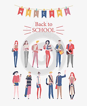 Schoolgirls, schoolboys with books, backpacks and school bags. Back to school vector flyer in flat style. Happy and smiling te