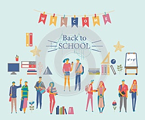 Schoolgirls, schoolboys with books, backpacks and school bags. Back to school vector illustration. Happy and smiling te photo