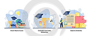 schooling  academic achievement  reward icon set. School road to success  graduation and trophy achievement  deploma scholarship.