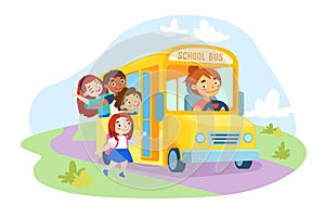 Schoolkids Characters Enter Yellow School Bus with Driver Girl inside. Kids with Backpack Waving Hands, Back to School