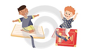 Schoolkids flying on books. Happy boys with school supplies. Back to school concept cartoon vector illustration