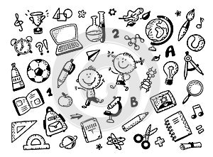 Schoolkids with lots of school things. Outline clipart collection