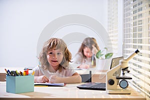 Schoolkids pupils studying homework math during lesson at classroom, education concept, Cute schooler. First graders.