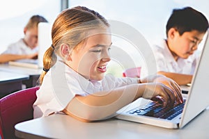 Schoolkids using laptop in classroom