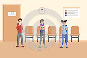 Schoolmates at break time vector illustration. Cute pupils with stationery and rucksacks, standing in school corridor