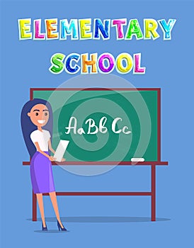 Schoolmistress near Board Teaching Alphabet Poster