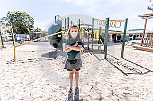 Schools closures Coronavirus lockdown. Bored school kid alone in playground feeling sad and lonely