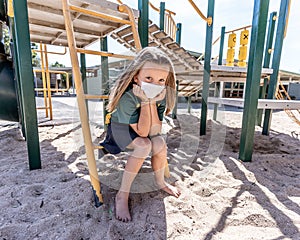 Schools closures Coronavirus lockdown. Bored school kid alone in playground feeling sad and lonely