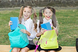 Schools literature club. Happy kids take books from bags. Literature lesson. School library. English literature