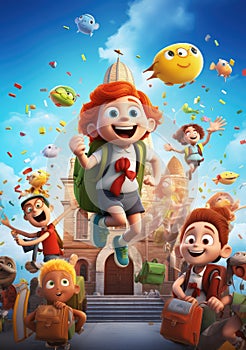 Schooltime Shenanigans. Hilarious and Happy 3D Character Poster Capturing the Lighthearted Moments of Friends Back to School