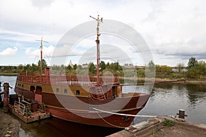 The schooner at the dock on the Neva River near the fortress Shlisselburg