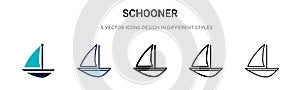 Schooner icon in filled, thin line, outline and stroke style. Vector illustration of two colored and black schooner vector icons