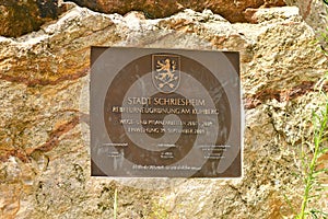 Schriesheim, Germany - Memorial stone with inscription saying `City Schrisheim, redesigning of vineyards at Kuhberg